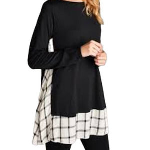 Black and white tunic top with checkered inlay. 33.5 inches long